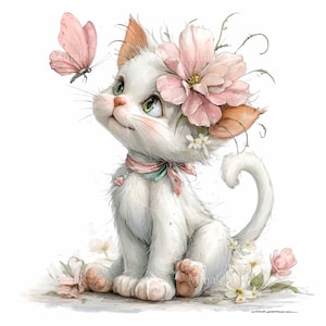 Op de afbeelding: Waterverfillustratie van een witte kat met groene ogen, versierd met een roze bloemenkroon en een roze en groene sjaal. Een roze vlinder zweeft in de buurt van het gezicht van de kat, omringd door bloemen.
