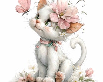 16 PNG de gatito floral en acuarela: ilustración de gato bebé con mariposa, pared de habitación infantil, diseño de sublimación