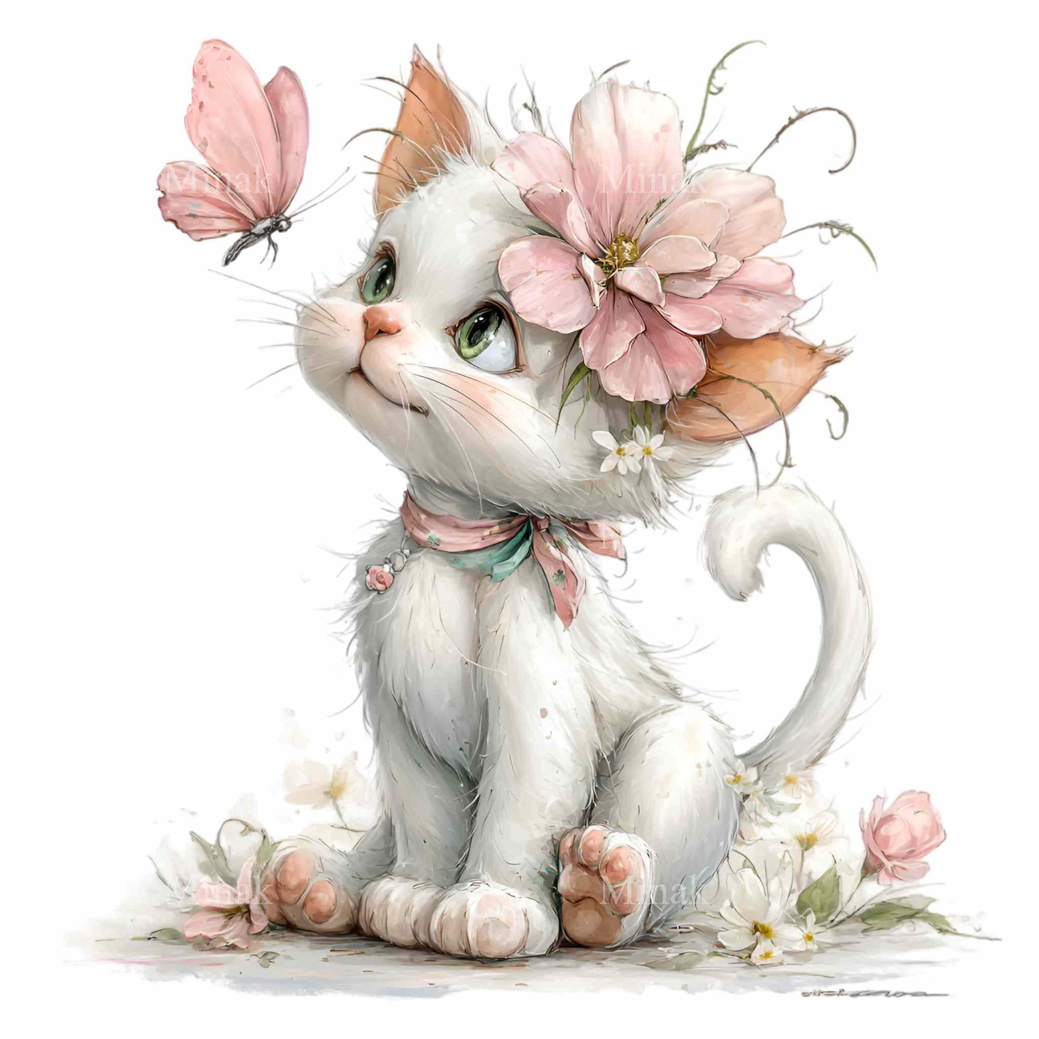 16 PNG水彩花柄子猫 - 蝶と赤ちゃん猫のイラスト、保育園の壁、昇華