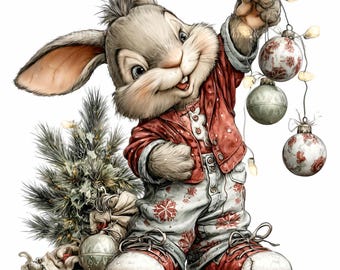 May include: A cartoon illustration of a smiling rabbit dressed in a red jacket and snowflake-patterned pants, holding Christmas ornaments and a string of lights. A small Christmas tree and wrapped gift are on the left. The rabbit wears red and white sneakers.