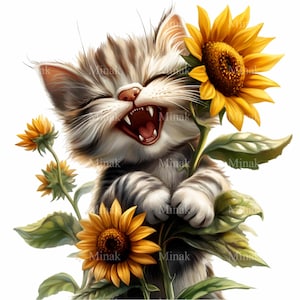 16 gatitos felices PNG Clipart - Gato riendo con girasoles - Adorable arte digital sobre fondo blanco