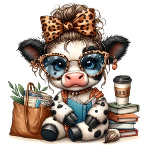 Vache drôle Clip Art, 12 cliparts café PNG, noeud imprimé léopard, fabrication de cartes drôle grand-mère fête des mères, impression par sublimation, art mural