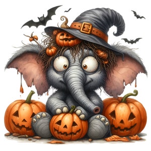 12 imágenes prediseñadas PNG de elefantes de Halloween: descarga digital de elefantes de brujas espeluznantes con calabazas para sublimación y manualidades