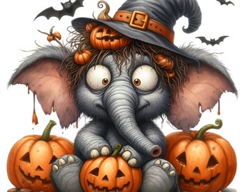 12 imagens PNG de bruxa, elefante e abóbora para o Halloween.