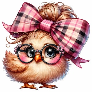 12 mignon poussin PNG, adorable bébé oiseau avec des lunettes et des cliparts noeud écossais, téléchargement numérique de poulet printanier lunatique
