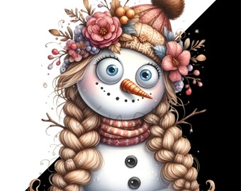 15 Floral Girl Snowman PNG Braids Flower Hat Clipart Digital Download