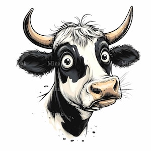 12 Funny Cow PNG Clipart - Surprised Expression, Quirky Cartoon Style, and Black-White Design