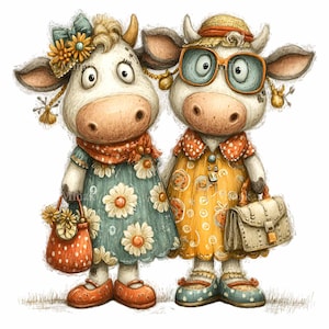 May include: Two cartoon cows dressed in colorful outfits. One cow wears a blue dress with white daisy patterns, a red scarf, and carries a red polka-dot purse. The other cow wears a yellow dress with orange polka dots, glasses, and a straw hat.