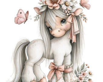 15 PNG Pink Horse Floral Pony Butterfly Sublimation Design