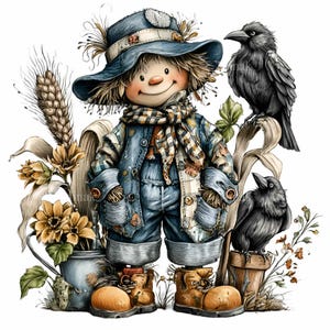 May include: A whimsical illustration of a smiling scarecrow wearing a blue hat, denim overalls, and a plaid scarf. Two black crows perch nearby. The scarecrow is surrounded by wheat, sunflowers, and a small blue vase, evoking a harvest theme.