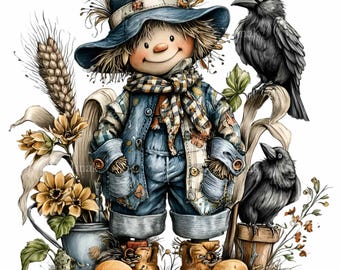 Illustration de corbeau de récolte d'automne d'épouvantail PNG, jardin d'automne