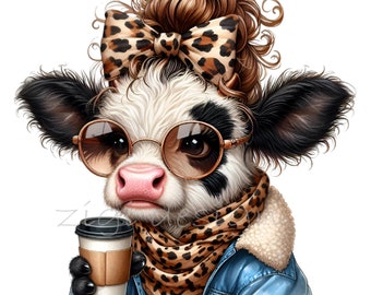 15 PNG Leopard Bow Cow Glasses Coffee Cup Heifer Sublimation
