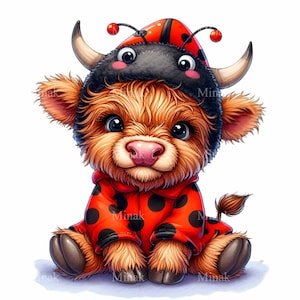 12 graziosi clipart di vitelli PNG, mucca in costume da coccinella, arte spettrale di vitelli di Halloween, design digitale di animali