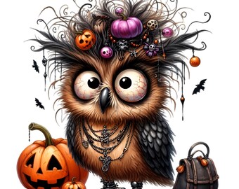 12 imagens PNG de coruja, abóbora, bruxa assustadora e estilo gótico para o Halloween.