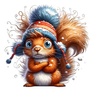 10 PNG Zimowa wiewiórka clipart – Słodka ilustracja PNG – Śnieżna leśna sztuka zwierzęca na świąteczne rzemiosło, wystrój leśny, wydruki na zimną porę roku