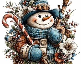 Könnte beinhalten: Eine Illustration eines skurrilen Schneemanns mit blauem Zylinder, Schal und Fäustlingen, der eine Zuckerstange und einen Besen hält. Der Schneemann ist von Blumen, Beeren und Tannenzapfen umgeben, was eine festliche Winterszene ergibt.