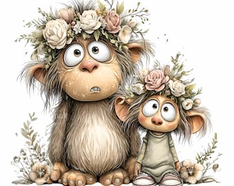 16 imágenes PNG de criaturas florales del bosque, madre e hijo, imágenes prediseñadas para sublimación.