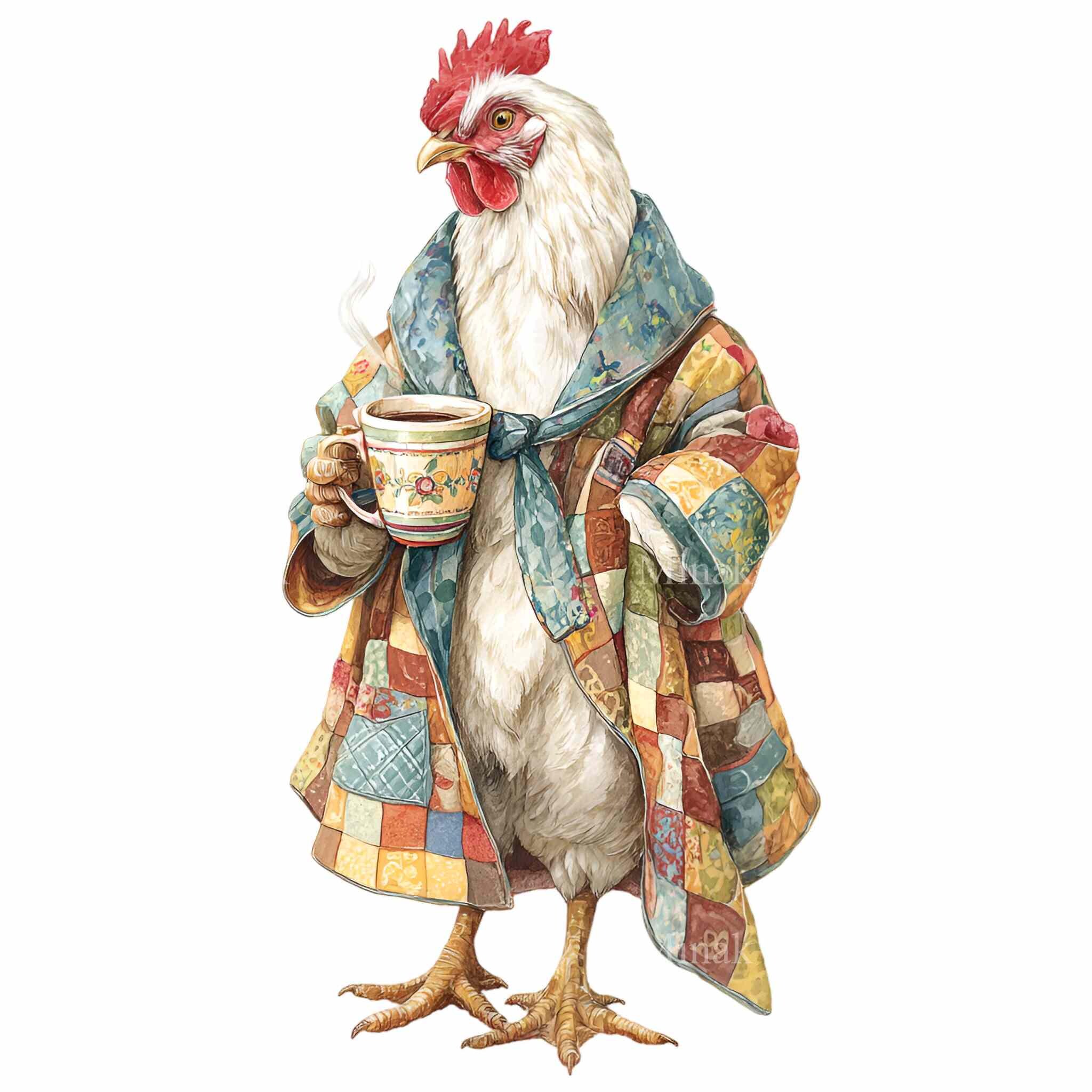 Rooster Robe 16 PNG Chicken in Robe Clipart, Funny Hen Drinking Coffee, Patchwork ...