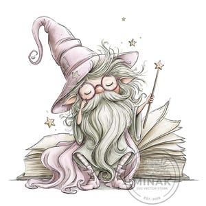 May include: A digital illustration of a wizard with a long gray beard, wearing a tall pink hat and round glasses, sitting on an open book while holding a star-tipped wand. The character has pointed ears and wears pink boots. Text reads MINAK SVG VECTOR STORE EST. 2018.