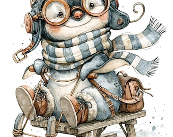 15 PNG Penguin Winter Sled Aviator Sublimation Clipart