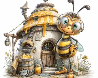 18 PNG Bee Clipart Honey House, Whimsical Insect Illustration Honeycomb Design
