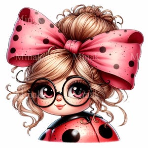 Ladybug Girl Clipart - 15 Cute Character with Pink Bow and Glasses PNG for Crafts & Sublimation