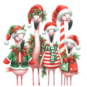 May include: A watercolor illustration of five pink flamingos dressed for Christmas. Each flamingo wears a Santa hat, and some are adorned with festive scarves, jackets, and gift bags. The image has a white background.