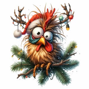 15 PNG Lustiger Weihnachtshahn PNG Clipart mit Weihnachtsmütze und Lichtern, Urlaub Huhn Kunst auf Kiefernzweig, Bauernhof Winter Humor