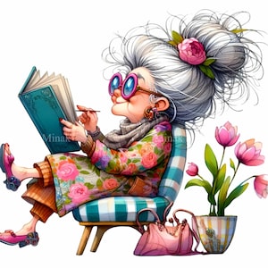 12 Nonna che legge PNG Clipart, Donna anziana con grandi occhiali, Abito floreale e libro, Arte di sublimazione stravagante
