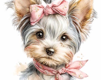 12 Yorkie Dog Bow PNG, Yorkshire Terrier Pink Bandana Sublimation Pet Art Clipart