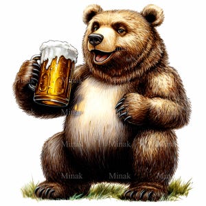 Ours en bière PNG - Clipart drôle d'ours qui boit - Art animalier amusant pour des impressions de fête, des cadeaux pour les papas et la décoration de bar