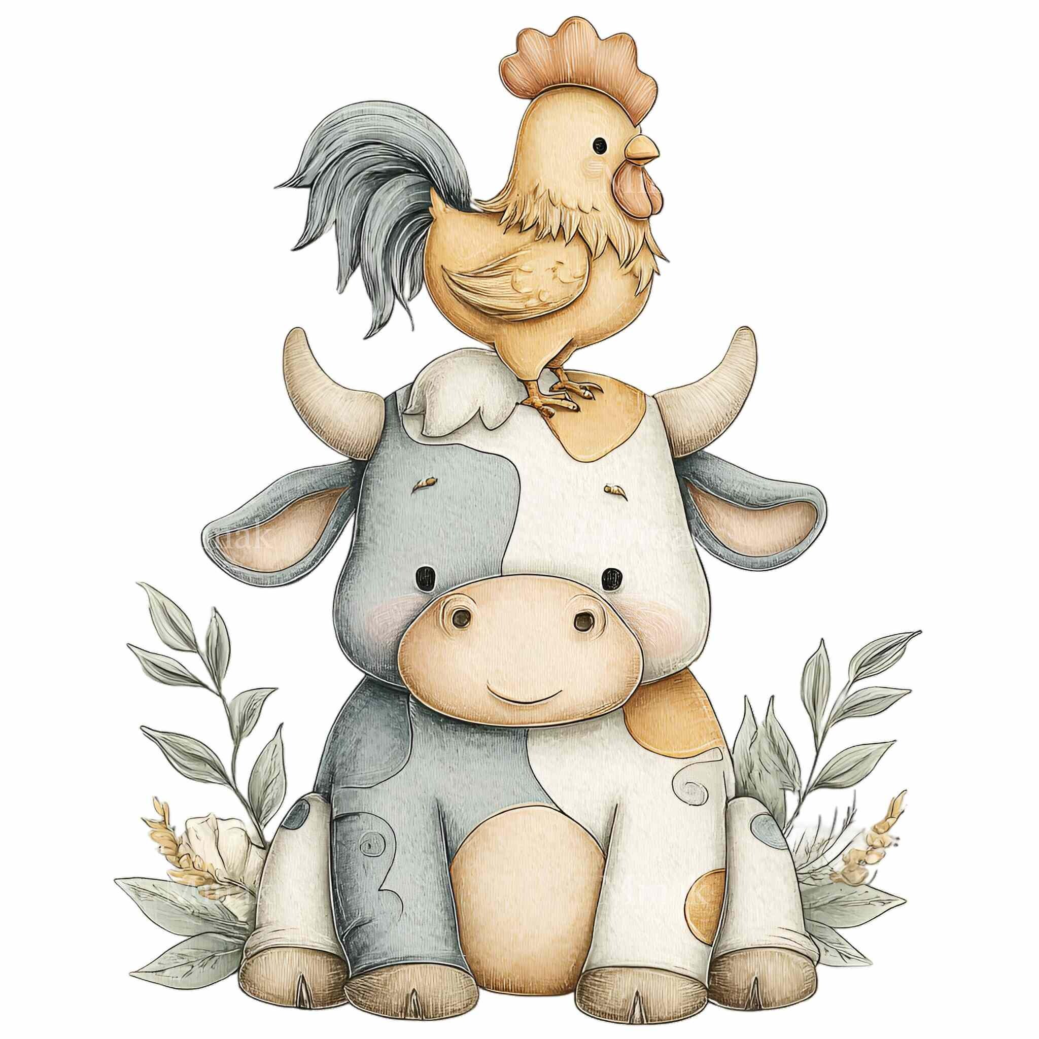 16 PNG Watercolor Farm Animal Clipart – Cow Donkey Chicken Illustration ...