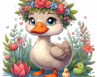 19 PNG Duckling Floral Crown Clipart, Baby Duck Spring Bird Nursery