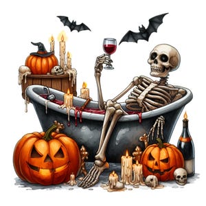 14 Clipart PNG drôle de squelette dans la baignoire, scène d'Halloween avec des citrouilles, du vin et des bougies, téléchargement numérique effrayant