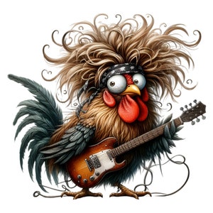 15 Rock Star Rooster PNG, grappige kip met elektrische gitaar clipart, Wild Hair haan digitale download