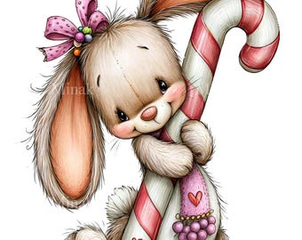 16 PNG Holiday Bunny Candy Cane Mint, Sweet Animal Clipart