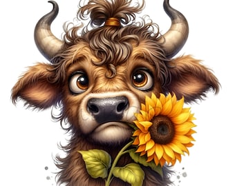 12 PNG Highland Cow Sunflower Topknot Fluffy Cattle Clipart