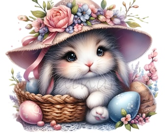 10 PNG Garden Bunny, Rabbit Basket Clipart, Floral Sun Hat Sublimation Spring