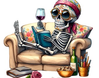 14 PNG squelette lecture livre amateur de vin Clipart, crâne en sucre floral