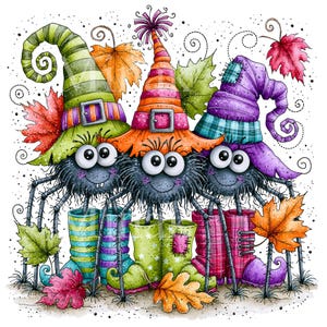May include: A digital illustration of three fuzzy black spiders wearing colorful pointed hats and patterned rain boots. The spiders are surrounded by various autumn leaves in shades of orange, red, and green, with swirling line details.