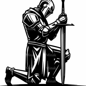 Może przedstawiać: Czarno-biała ilustracja rycerza klęczącego w modlitwie z mieczem w prawej ręce.