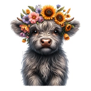 May include: A fluffy gray Highland cow calf wearing a flower crown with sunflowers, pink, yellow, and purple flowers.
