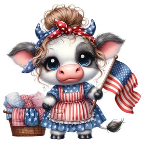 12 PNG Clipart di mucca del 4 luglio - Vitello patriottico PNG Sublimazione - Bandiera USA Arte di animali da fattoria per bambini Magliette, biglietti, decorazioni per feste