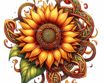 15 imagens PNG de girassóis celtas, sublimação floral com nós, gráfico de jardim irlandês.