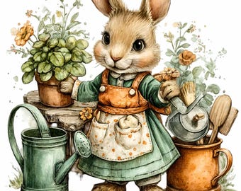 15 PNG Gardening Bunny Clipart – Rabbit PNG – Spring Farmhouse Digital Download for Crafts, Stickers, Sublimation, Nursery Art, Scrapbook