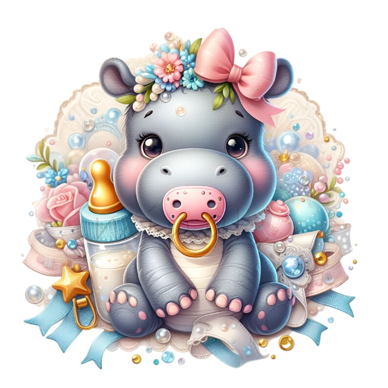 Cute Baby Hippo Clipart, Cartoon Hippo with Pacifier PNG, Floral Crown Hippo for Nursery, Baby Shower Decor