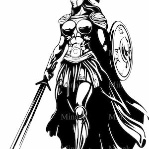 4 archivos SVG de corte de mujer guerrera griega - Gladiadora feroz con espada y escudo - Descarga digital para Cricut y láser