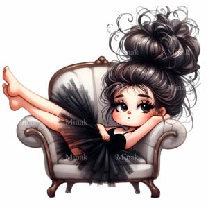 10 Relaxed Girl in Black Tutu Clipart. Cute Ballerina Relaxing on Chair PNG Illustration. Perfect for Invitations and Decor
