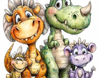 15 PNG Akvarell Dinosaurie Dino Familj Monster Clipart