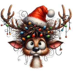10 rennes drôles PNG - Clipart de cerf de Noël - Image enchevêtrée de bois de lumières pour des cartes de vœux, de l'artisanat et de la sublimation